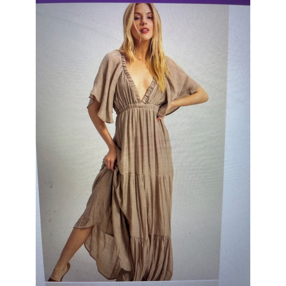 Taupe Boho Tiered Maxi Dress Flutter Sleeve Open Back Tassel Tie S-L available